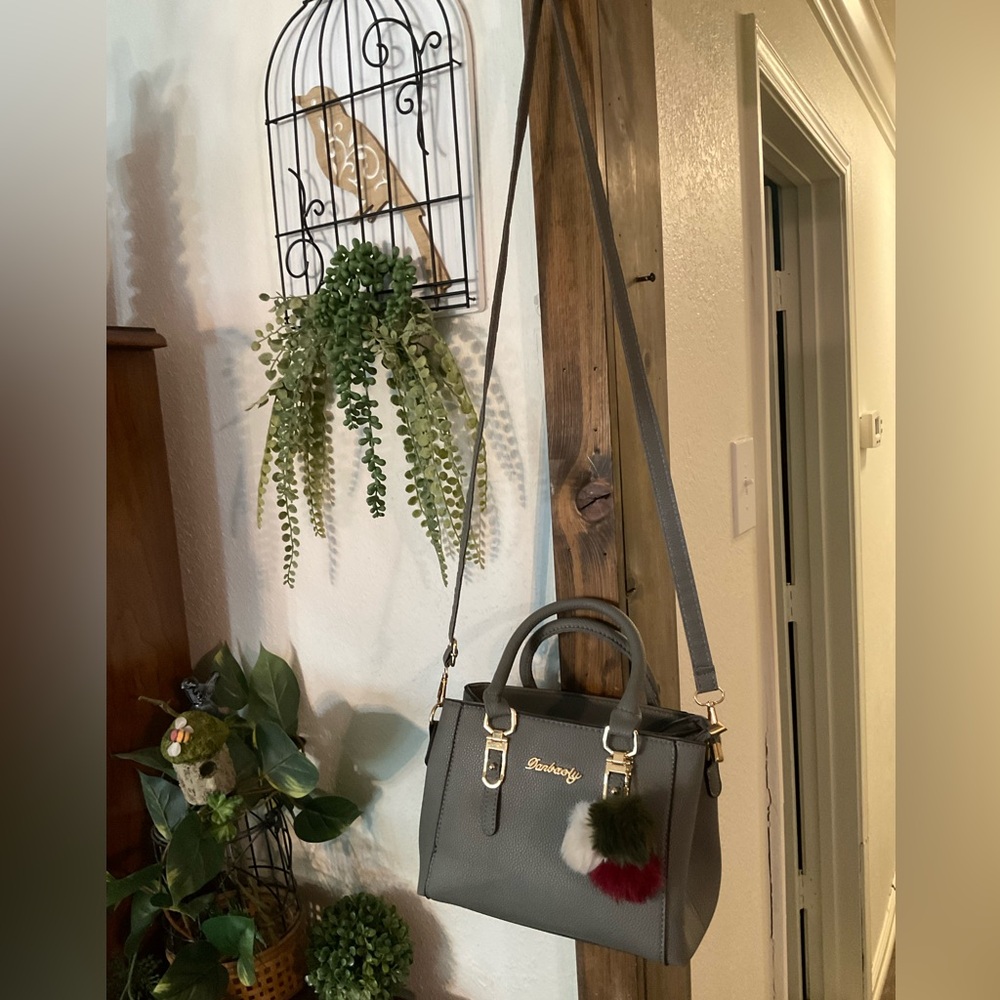 Chic Gray Satchel with Pom-Pom Nwot